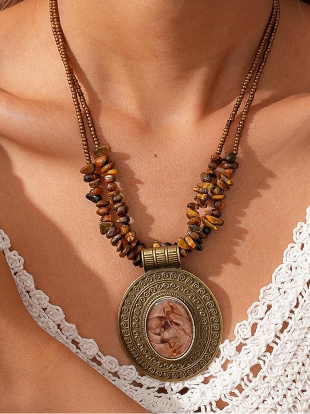 Anthropologie Brown Tiger Eye Disc Pendant Necklace - Picture 3 of 9